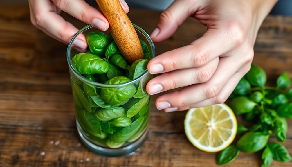 muddle fresh basil leaves